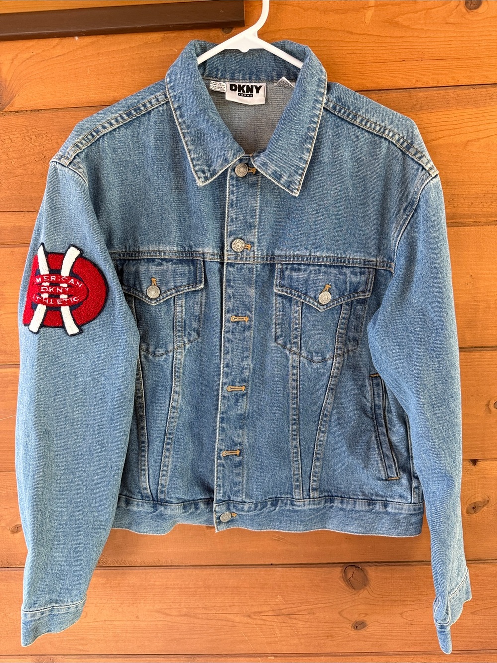 DKNY Light Blue Denim Jacket with Red Sleeve Patch